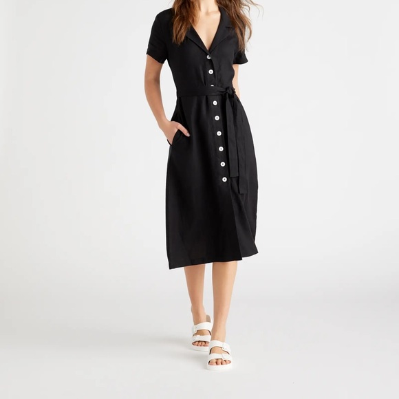 Quince Women's Black Linen Button Front Dress sz M Midi A-Line Belt Short Sleeve - Picture 5 of 5